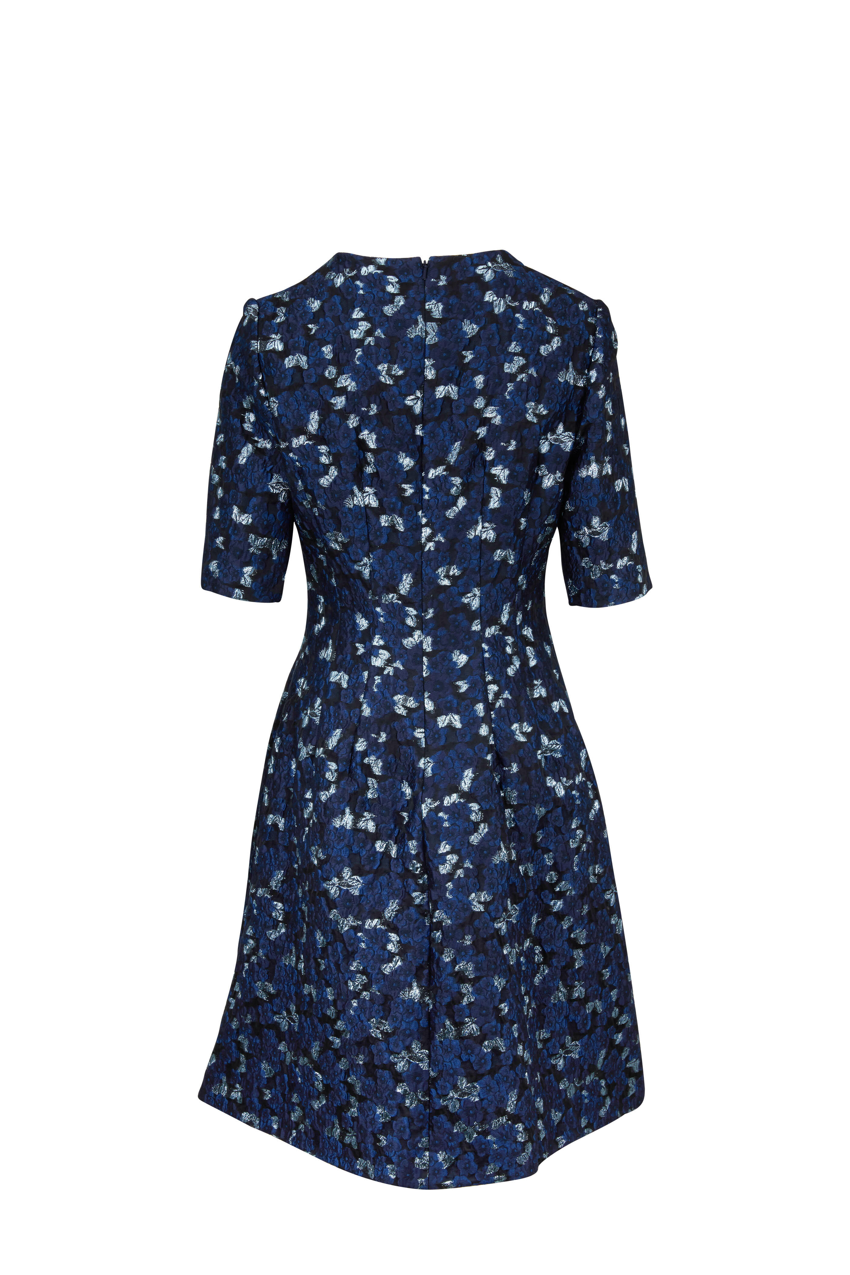 Lela Rose - Holly Navy Jacquard Elbow Sleeve Dress