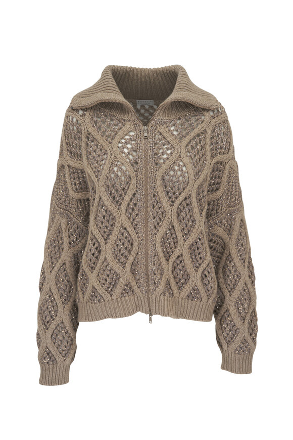 Brunello Cucinelli Brown Cable Net Zip Up Paillette Cardigan 