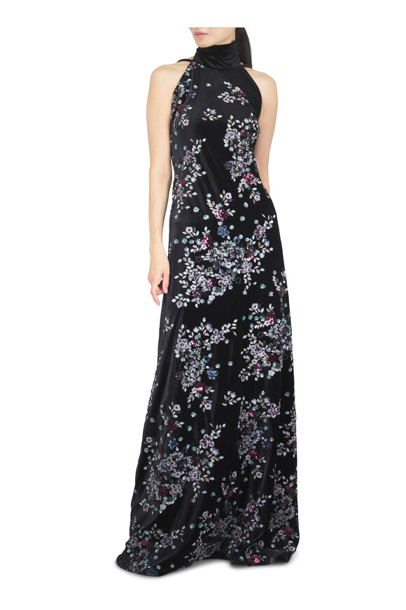 Talbot Runhof Black Velvet & Sequin Bloom Evening Gown - view 2