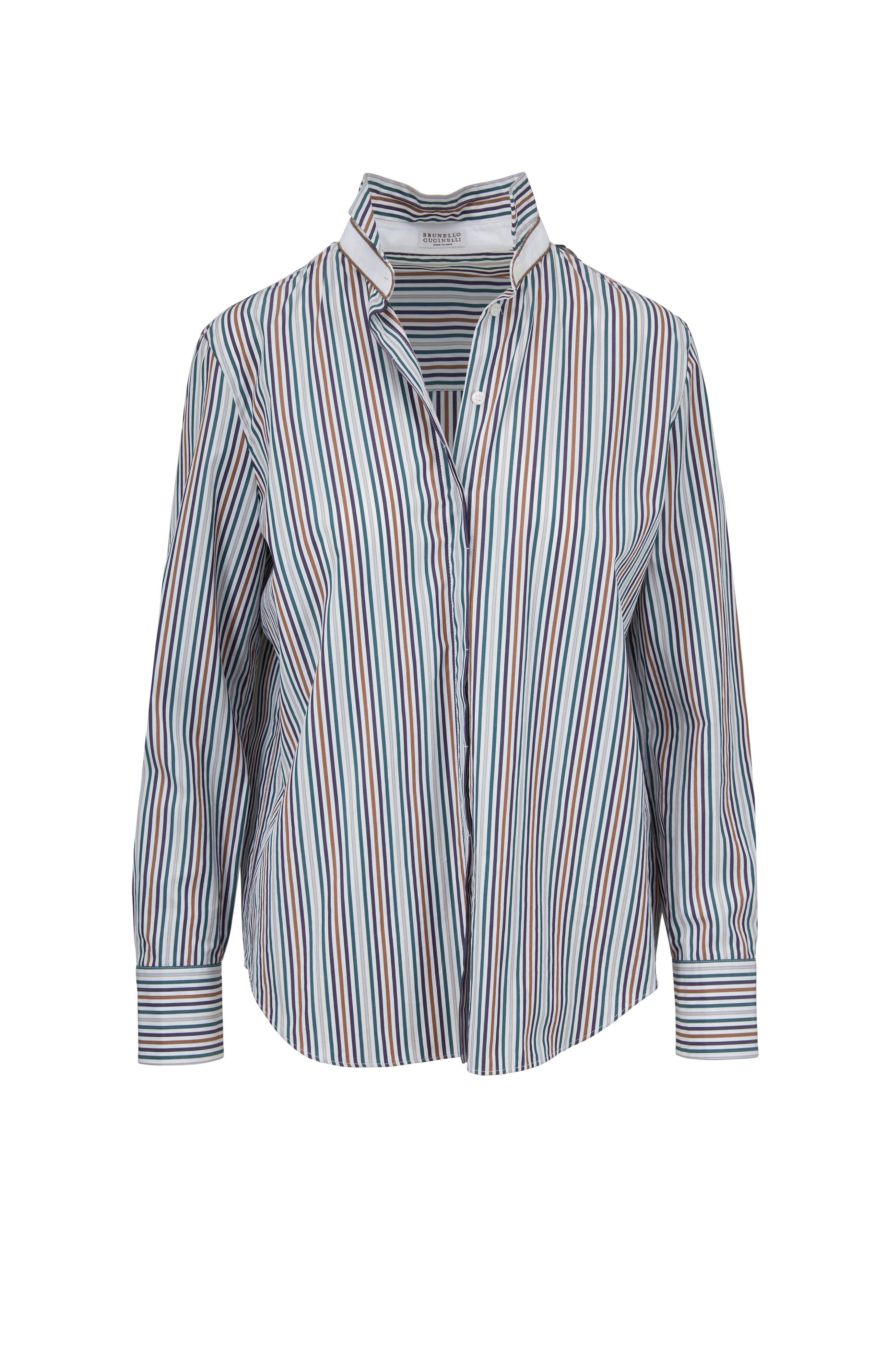 Brunello Cucinelli - Multicolor Poplin Vertical Striped Blouse