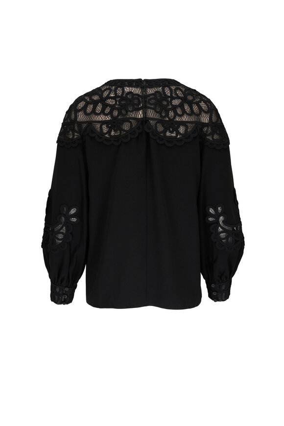 Carolina Herrera - Black Embroidered Puff Sleeve Lace Panel Top 