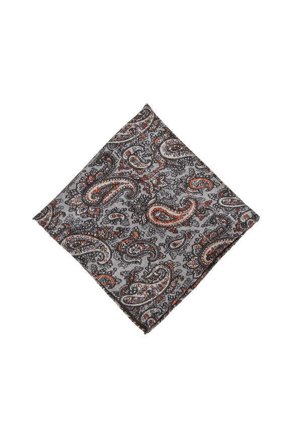 Brioni - Gray & Orange Paisley Silk Pocketsquare