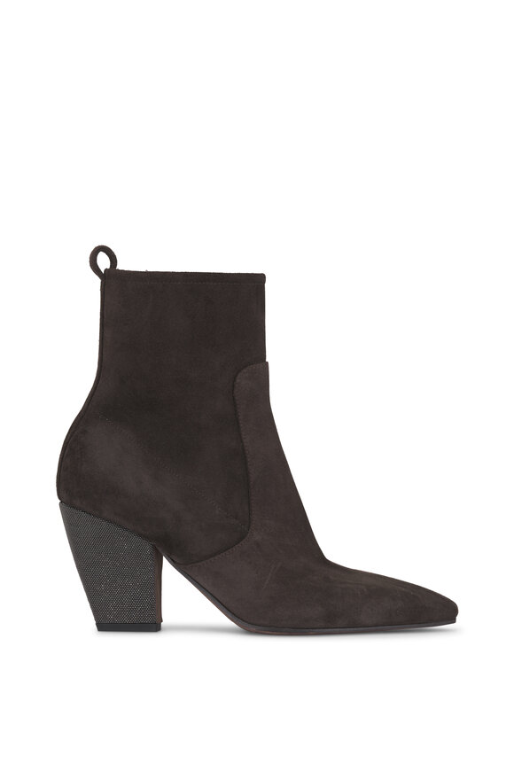 Brunello Cucinelli Brown Suede Monili Block Heel Bootie, 85mm - view 6