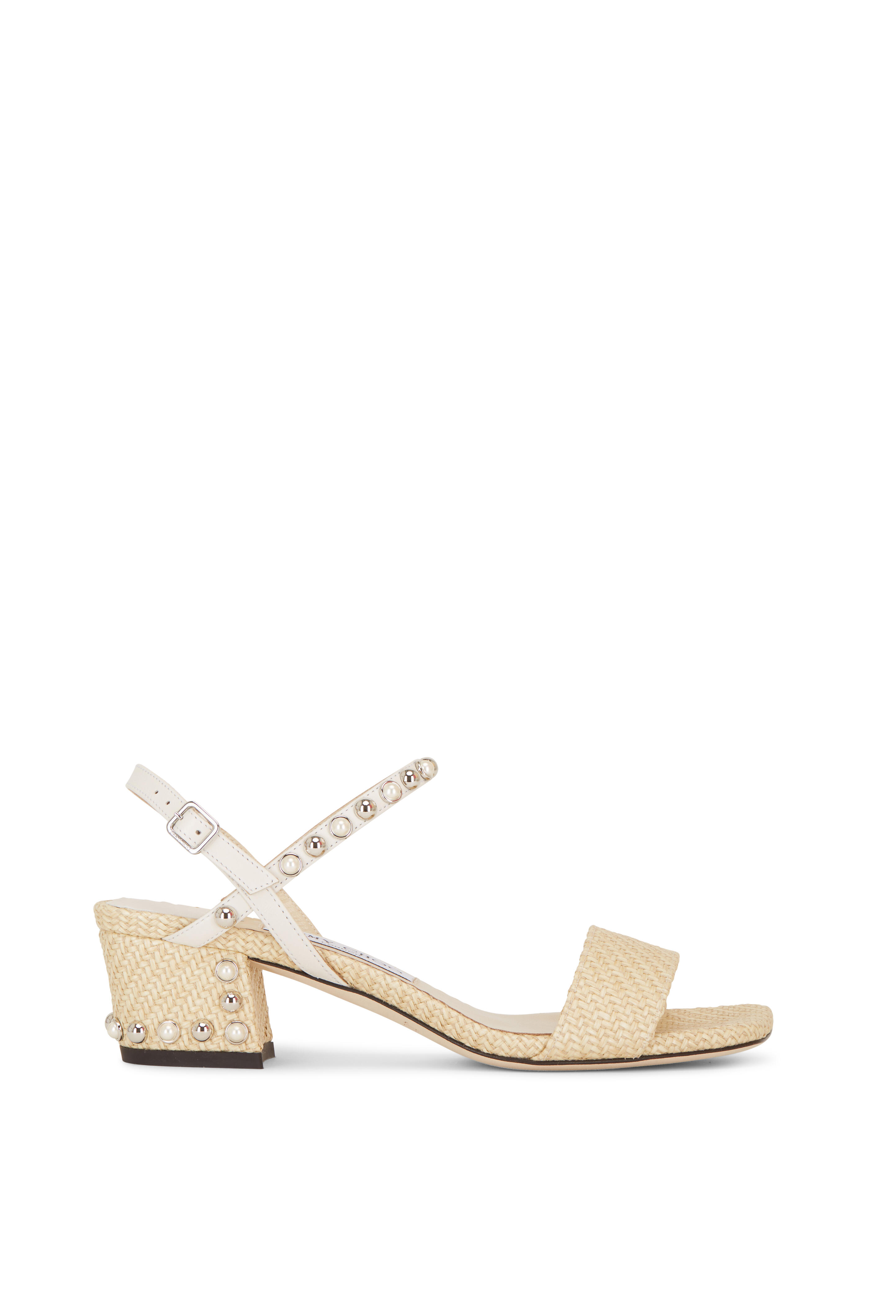 Jimmy Choo - Aadra Natural Raffia Pearl & Stud Sandals, 45mm