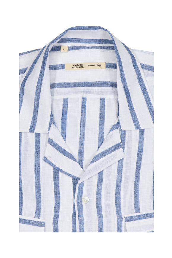 Maurizio Baldassari Placid Blue Stripe Linen Short Sleeve Shirt