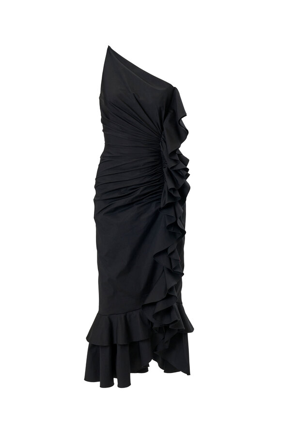 Carolina Herrera Black Asymmetric Ruffled Ruched Midi Dress - view 6