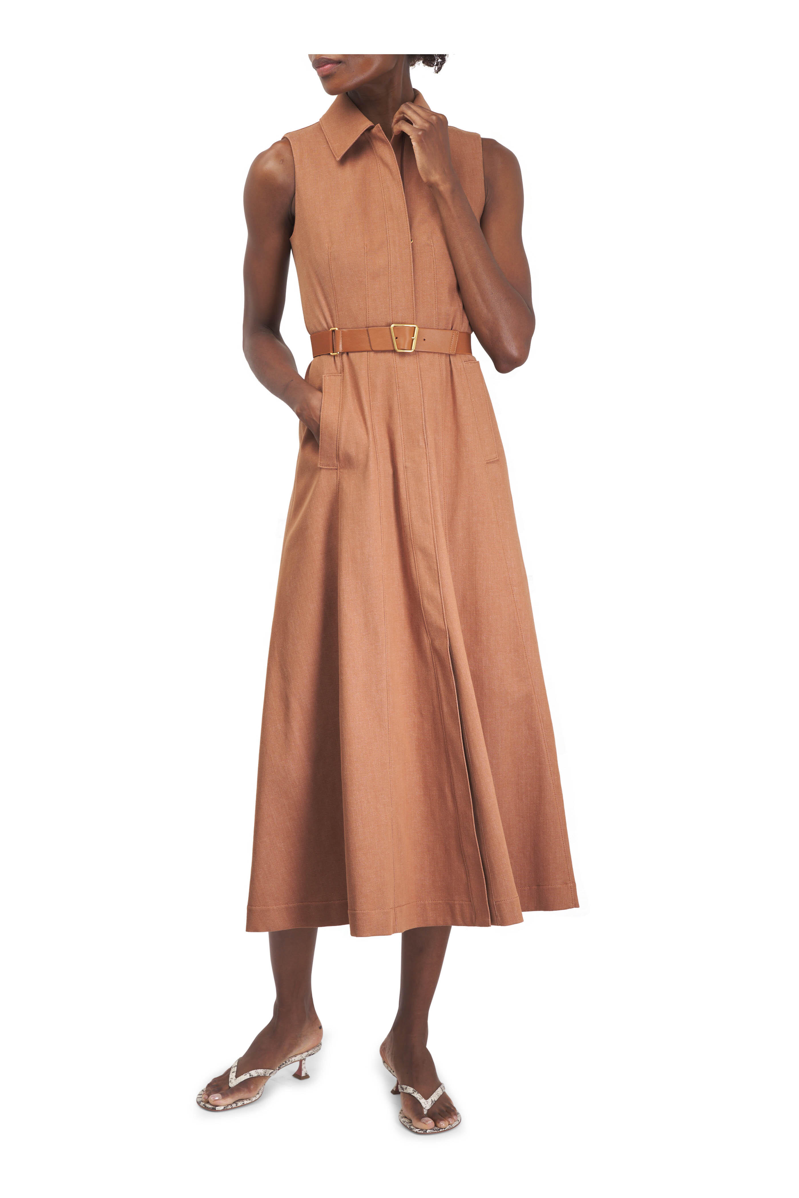 Akris - Sleeveless Collared Terracotta Belted Midi Dress