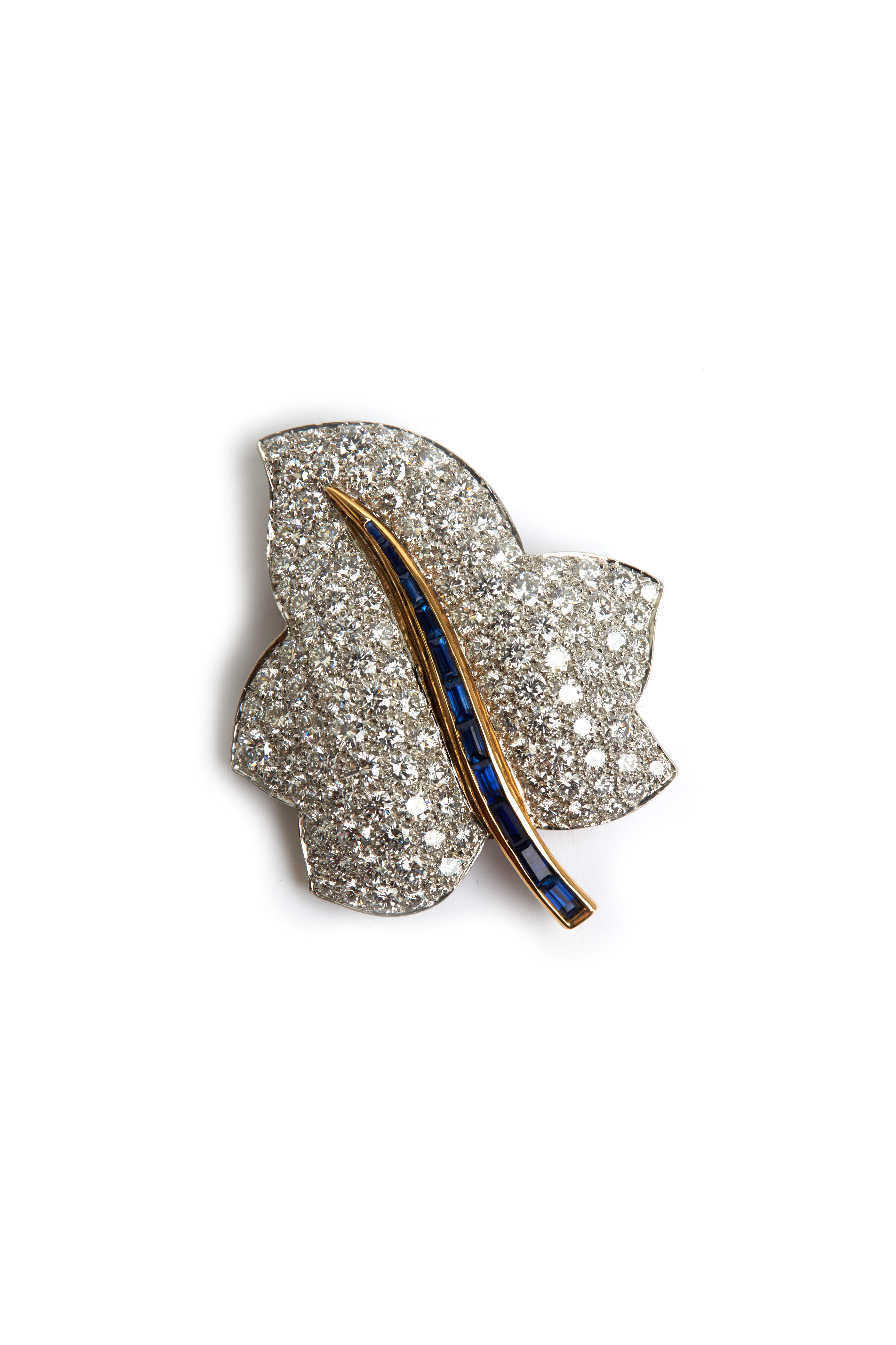 Oscar Heyman - Gold & Platinum Sapphire & Diamond Leaf Brooch