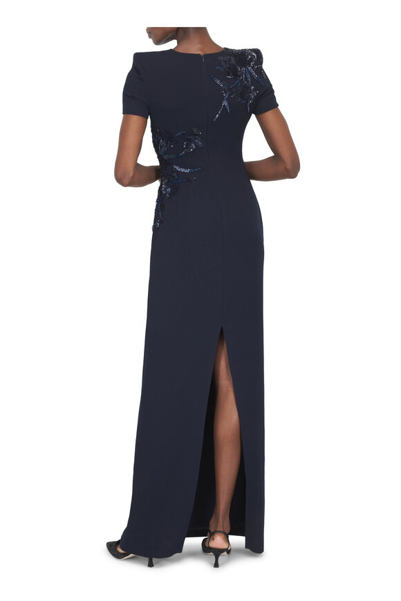 Naeem Khan Navy Hand Beaded Crepe Gown - view 4