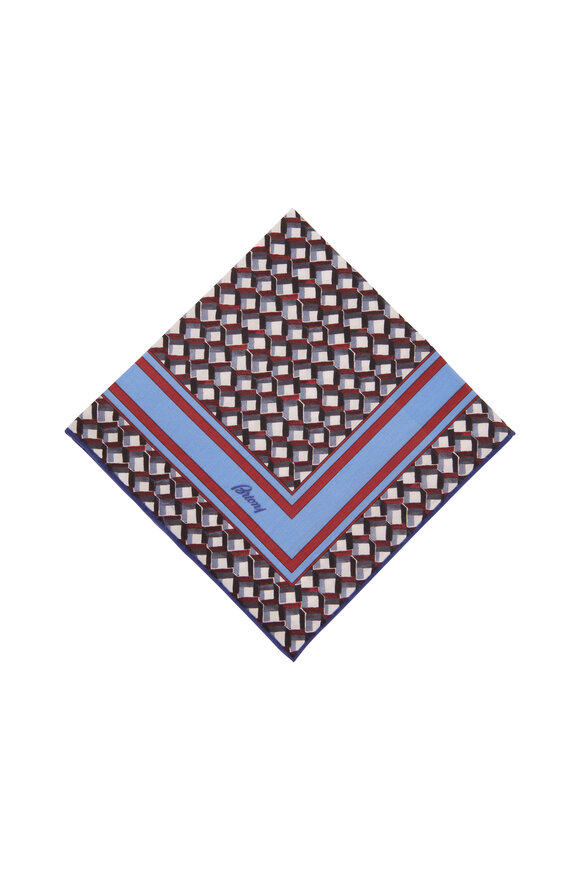 Brioni - Blue & Red Geometric Print Pocket Square