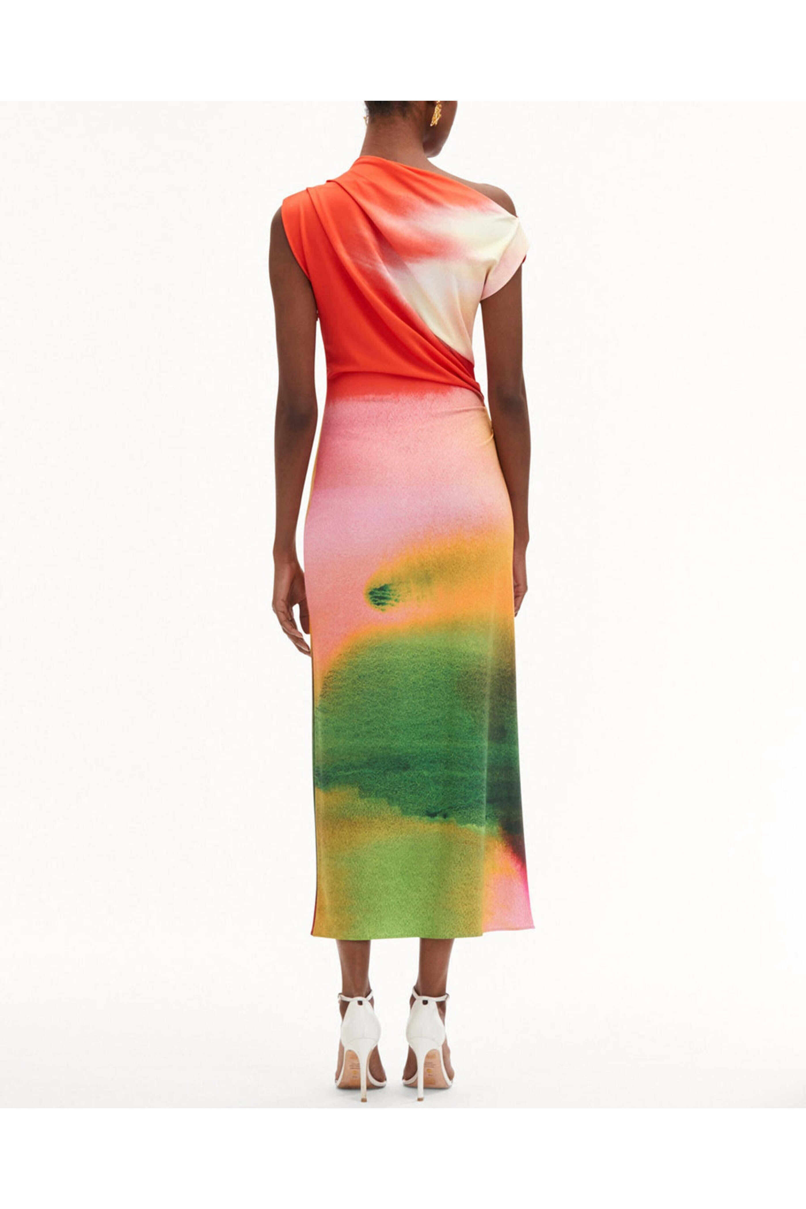Oscar de la Renta - Vermillion Abstract Watercolor Draped Jersey Dress