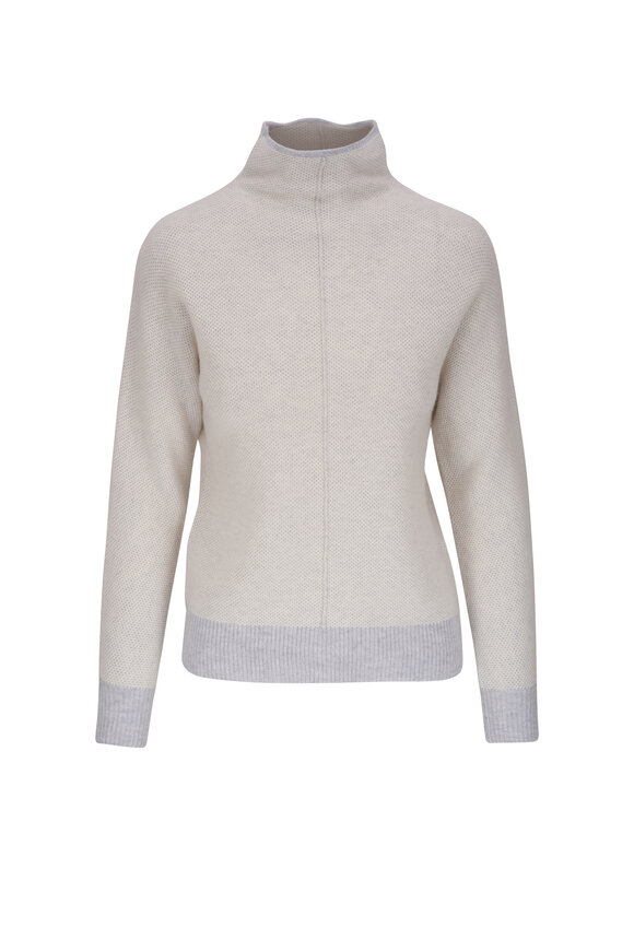 Kinross - White & Gray Contrast Trim Funnel Neck Sweater 