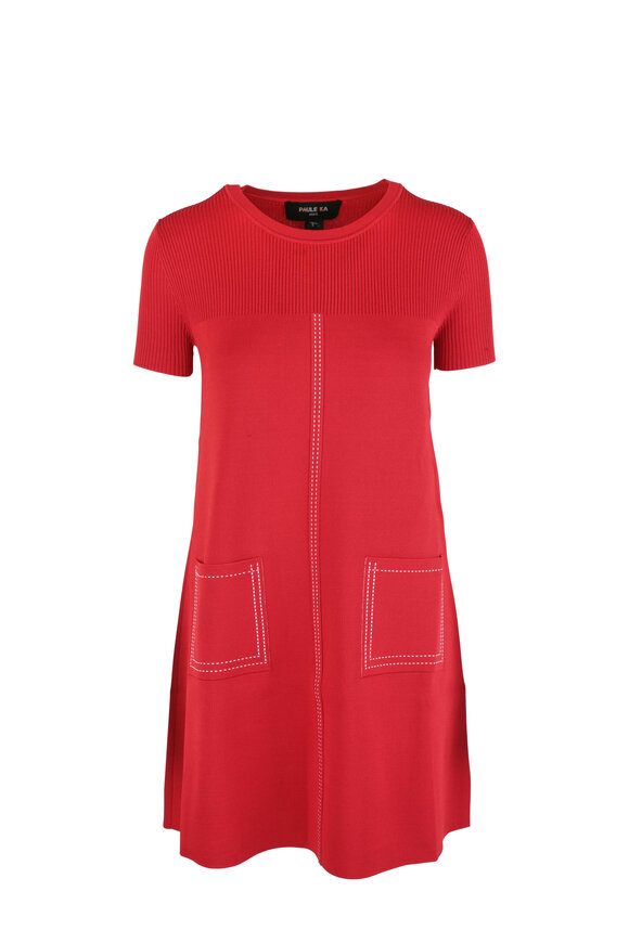 Paule Ka - Red Knit Patch Pocket Short Sleeve Dress 