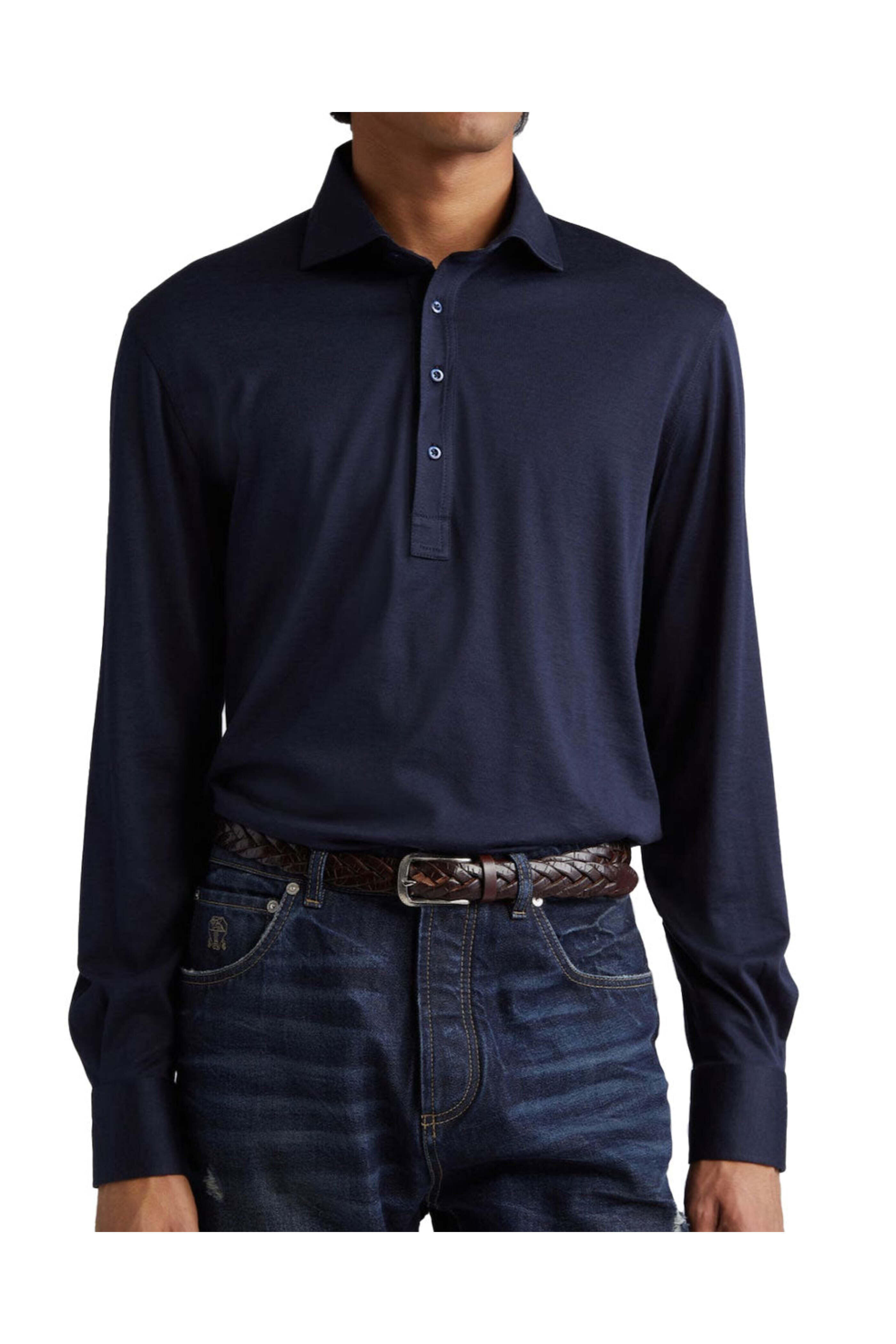 Brunello Cucinelli - Navy Blue Long Sleeve Polo | Mitchell