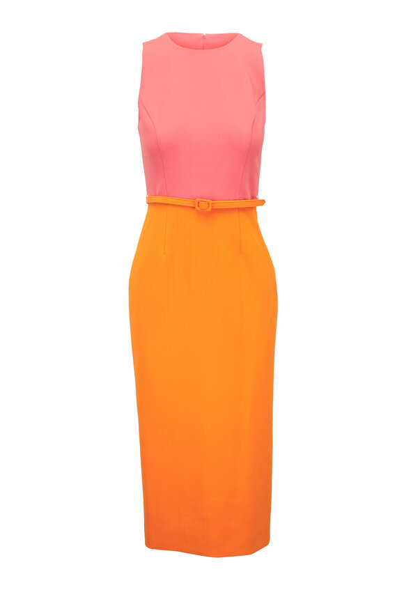 Carolina Herrera Orange & Pink Belted Wool Sleeveless Midi Dress