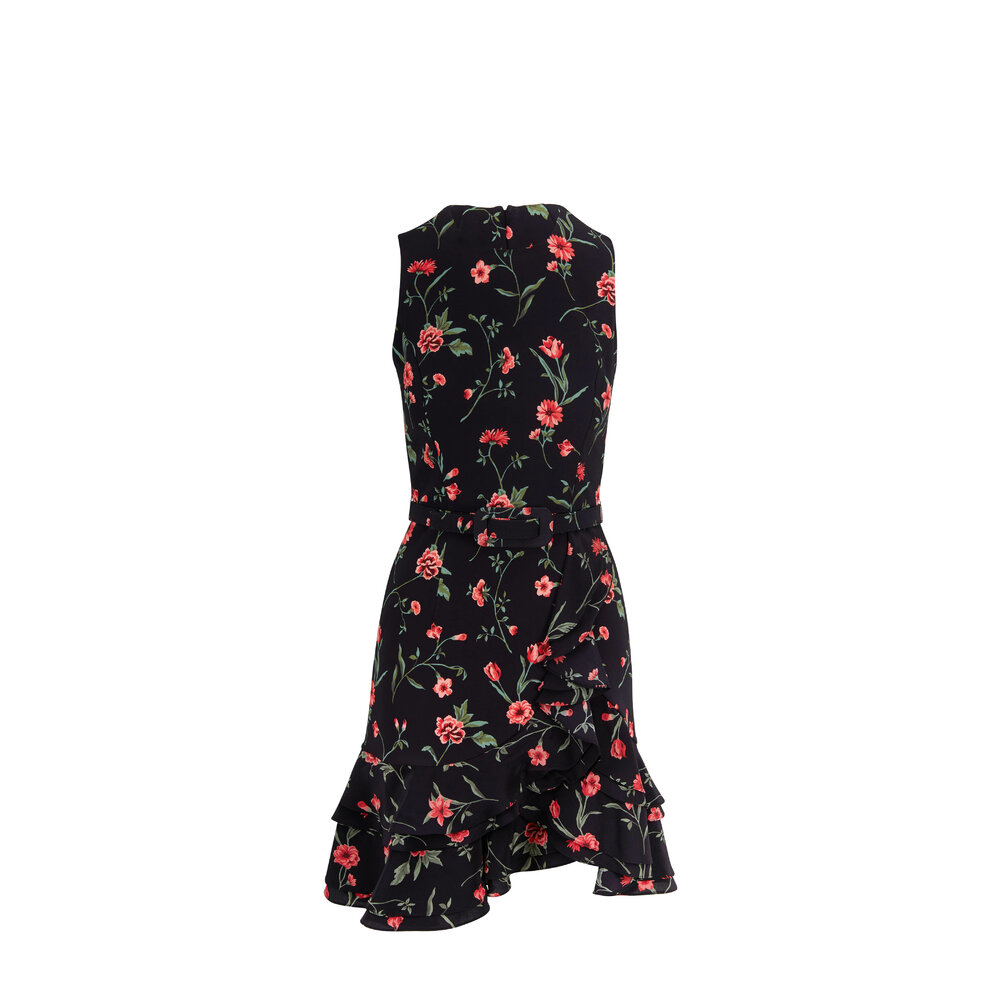 【MICHAEL KORS】rose print ruffle dress MICHAEL KORS Black White Floral Print Ruffle Short Sleeve