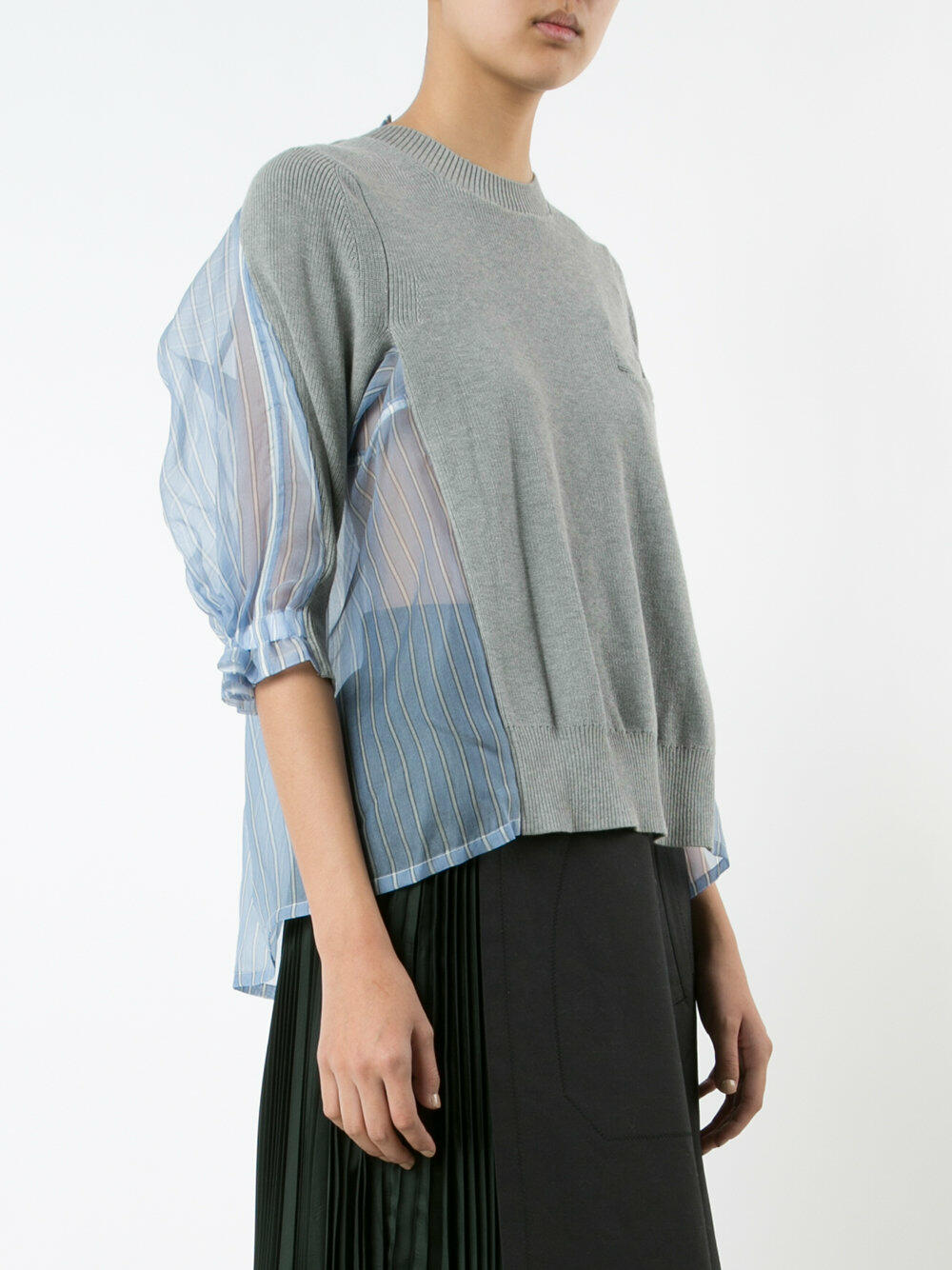 Sacai - Gray Knit & Blue Striped Organza Sweater