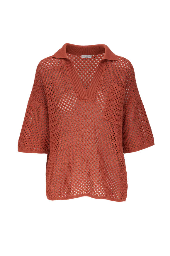 Brunello Cucinelli - Orange Cotton Polo-Style Net Sweater 