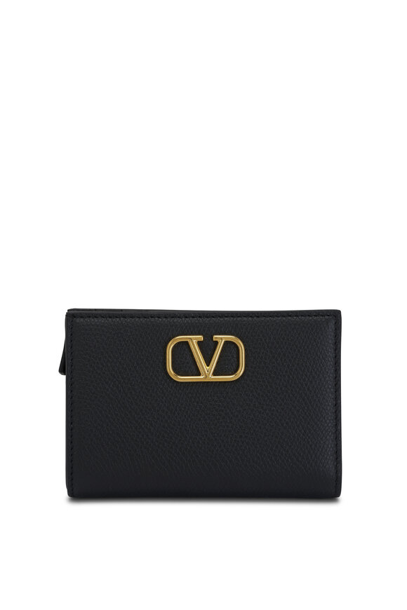 Valentino Garavani Compact French Flap Black Vlogo Leather Wallet 