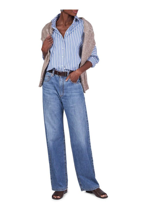 Brunello Cucinelli Blue & White Stripe Cotton Blouse - view 2