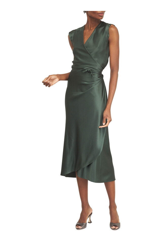 Designer outfit featuring Jadarona Embossed Leather Sandal, 70mm and Signs Forest Green Heavy Satin Dress