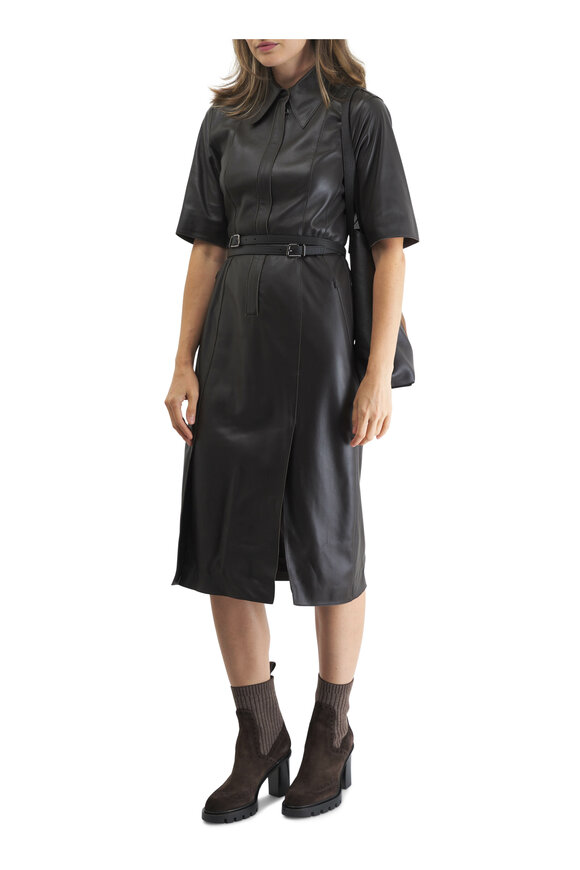 Akris - Mocca Leather Double Belted Dress 