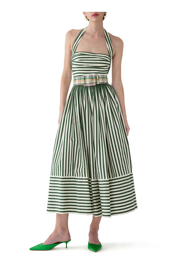 Carolina Herrera Ivory & Racing Green Stripe Halter Dress - view 2