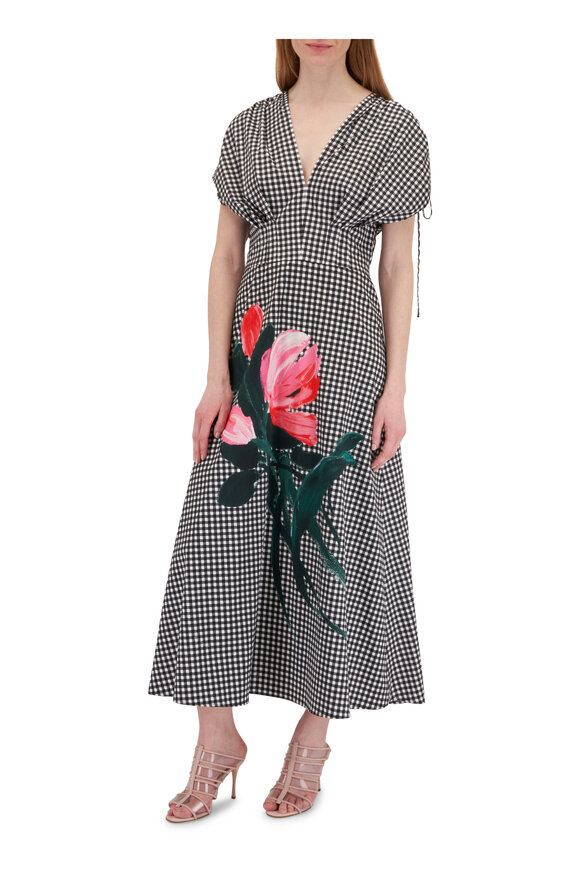 Lela Rose - Black Gingham Floral Print V-Neck Midi Dress