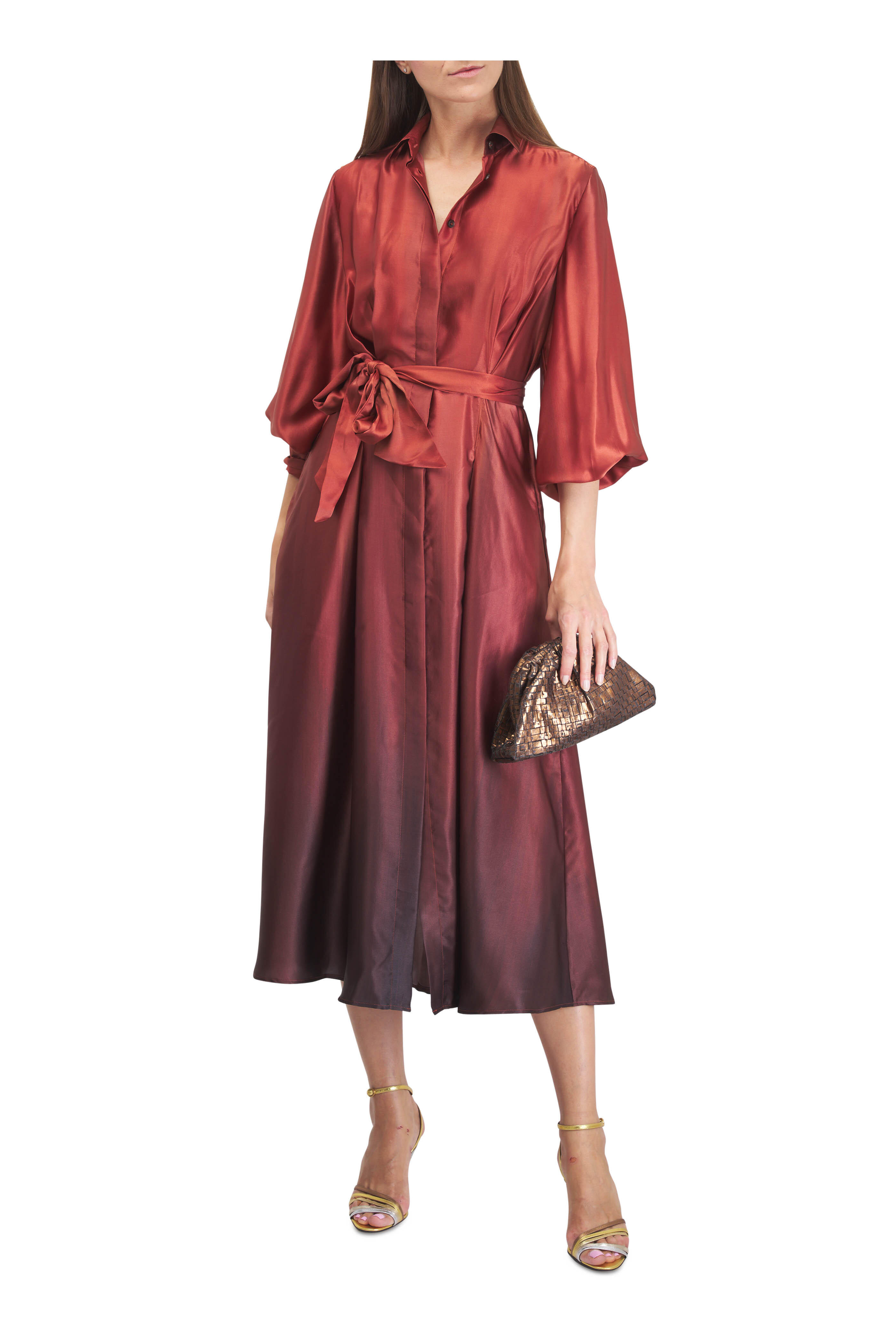 Kiton - Ombre Cherry Long Sleeve Silk Midi Dress