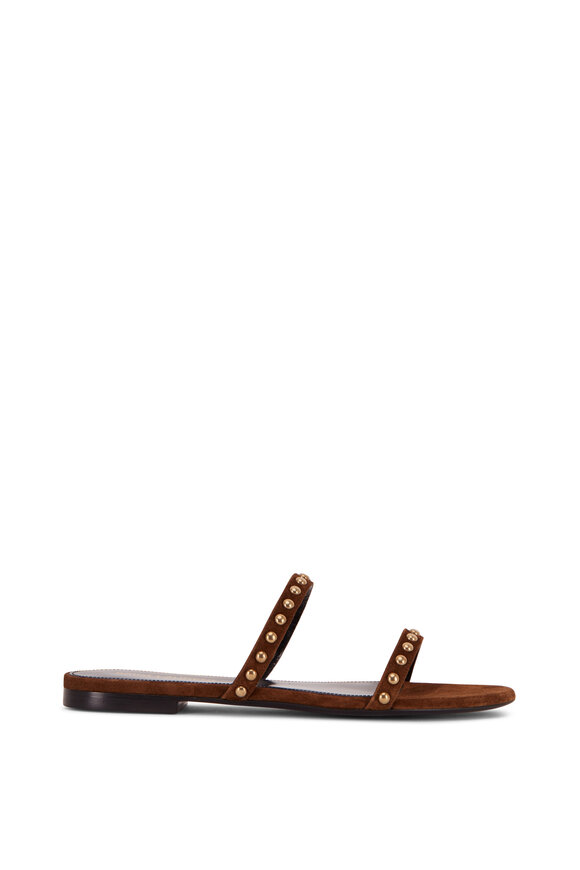 Saint Laurent - Kiki Brown Suede Gold Studded Sandal