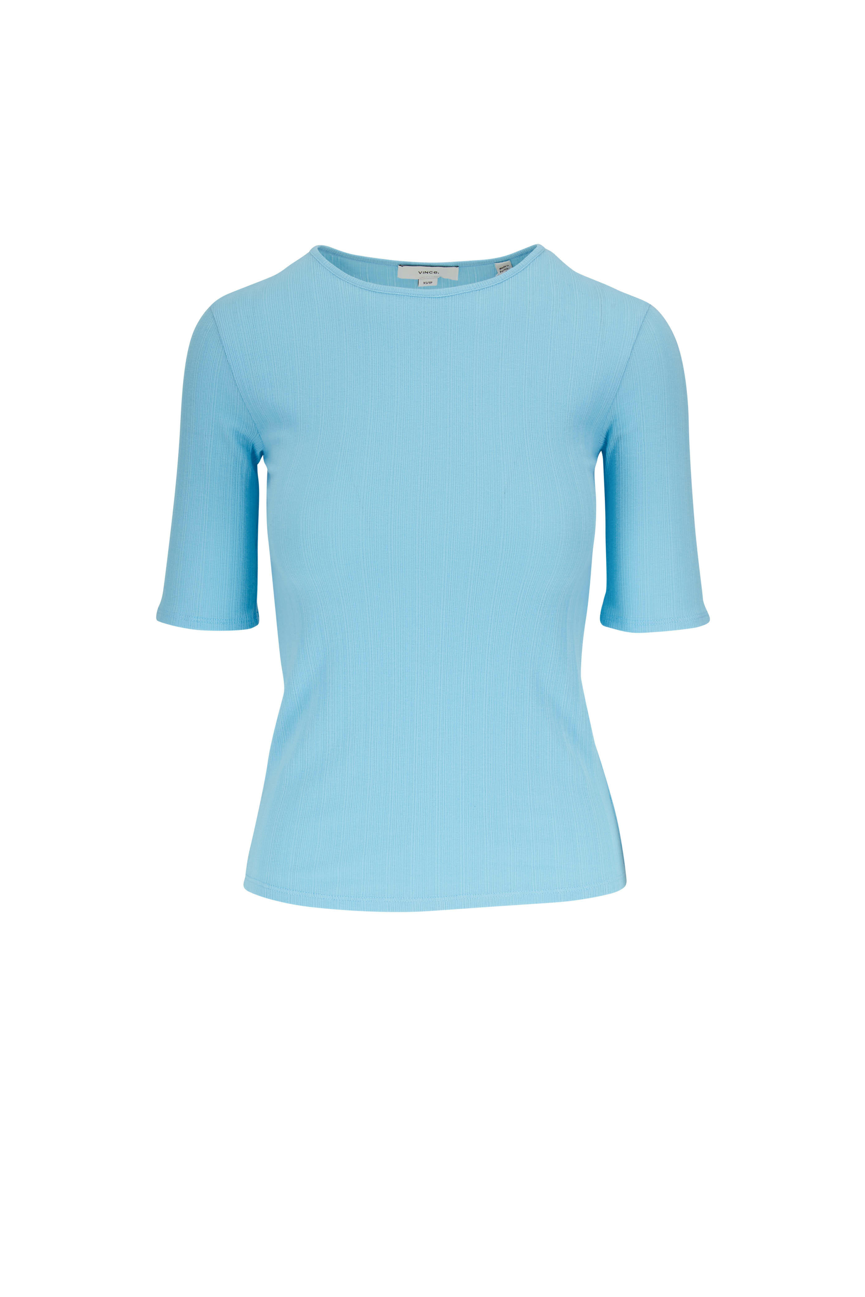 Vince Light Lagoon Blue Elbow Sleeve Ribbed Crewneck