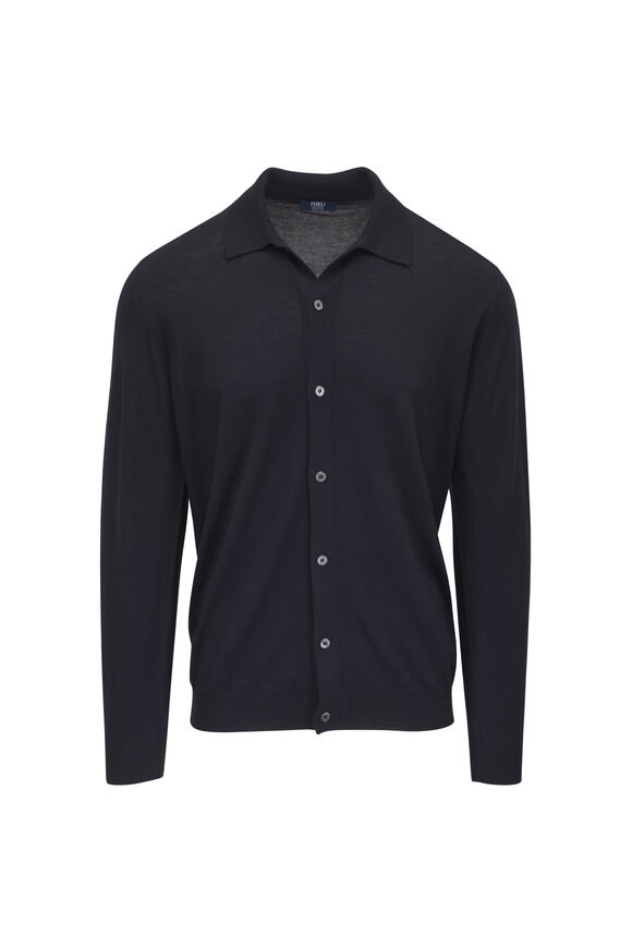 Fedeli Navy Blue Super 140s Front Button Shirt