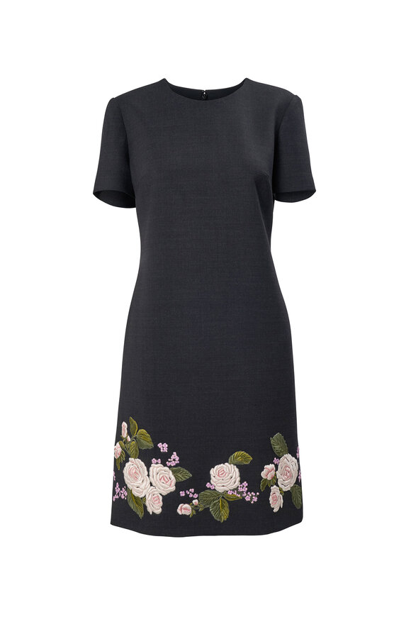 Carolina Herrera Charcoal Gray Rose Embroidered Shift Dress - view 1