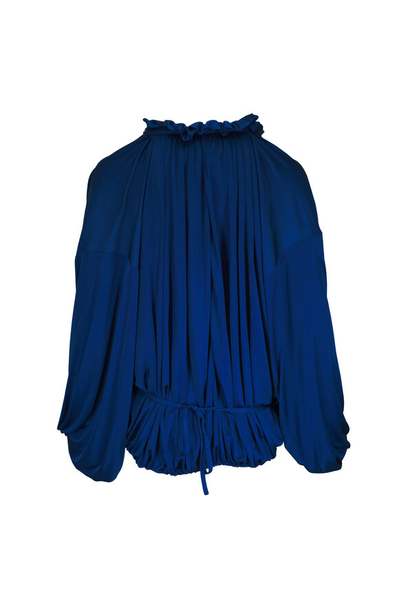 Saint Laurent Ruffled Shimmering Petrol Satin Jersey Blouse - view 3
