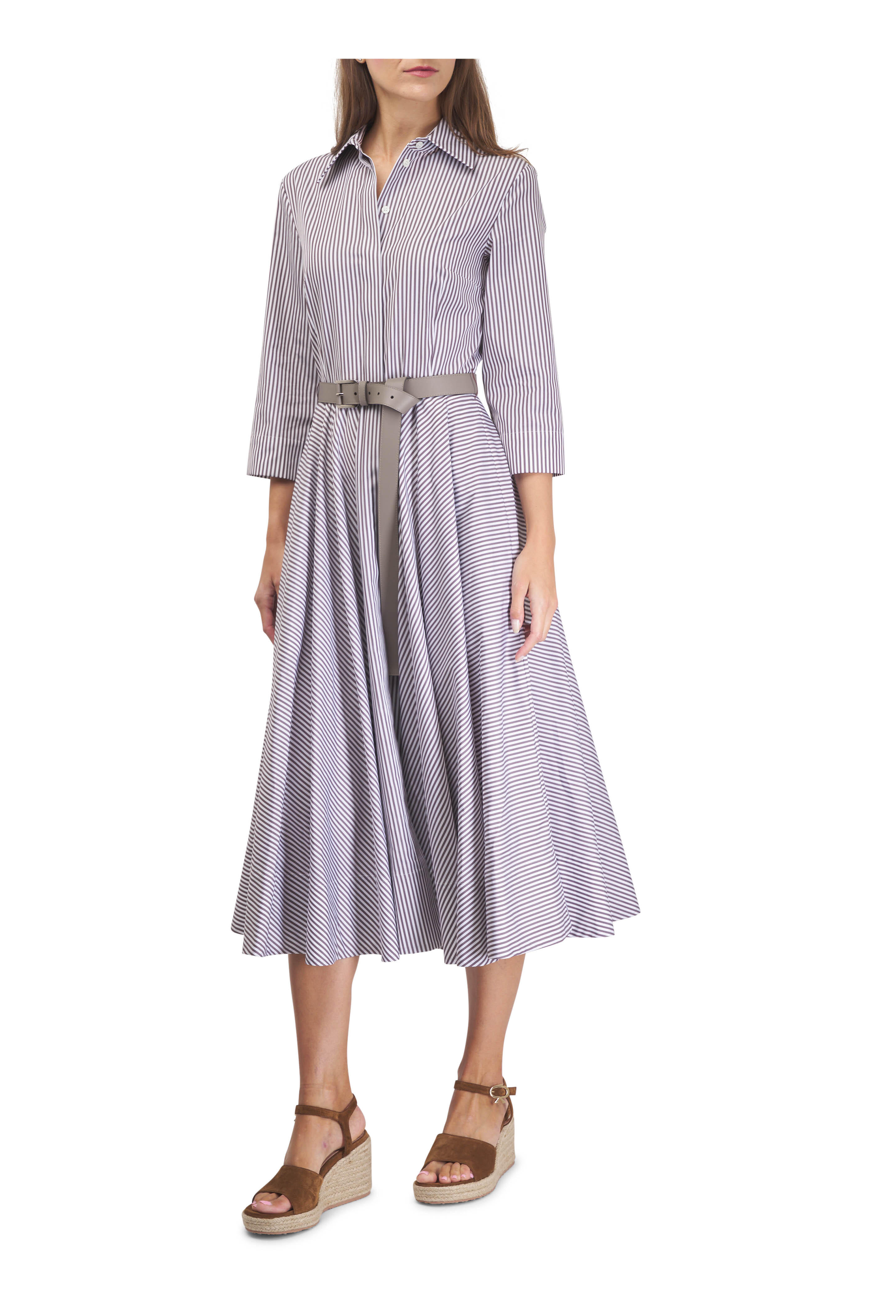 Michael Kors Collection - Mocha & Optic White Stripe Belted Shirtdress