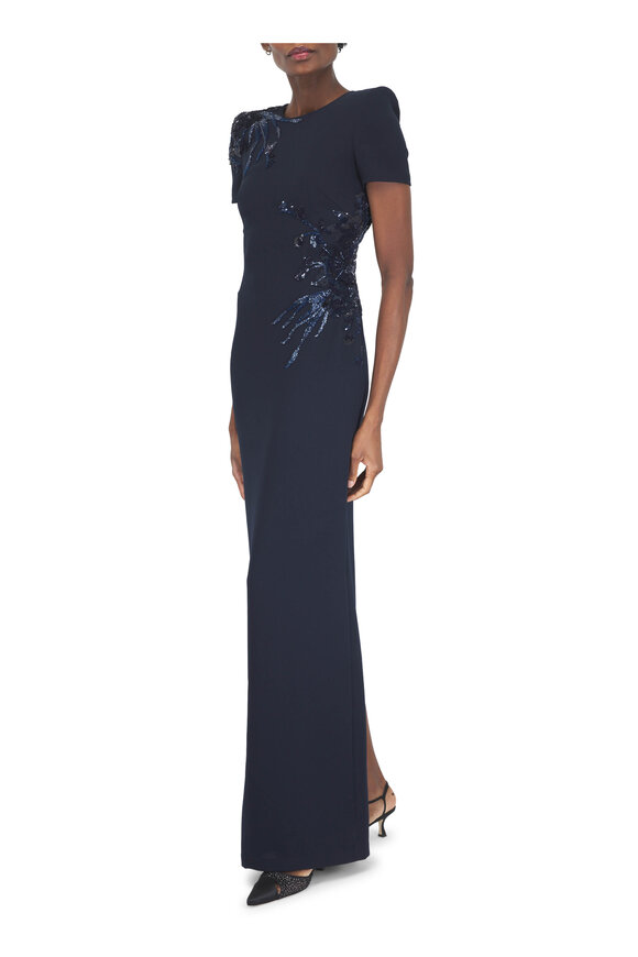 Naeem Khan Navy Hand Beaded Crepe Gown - view 2
