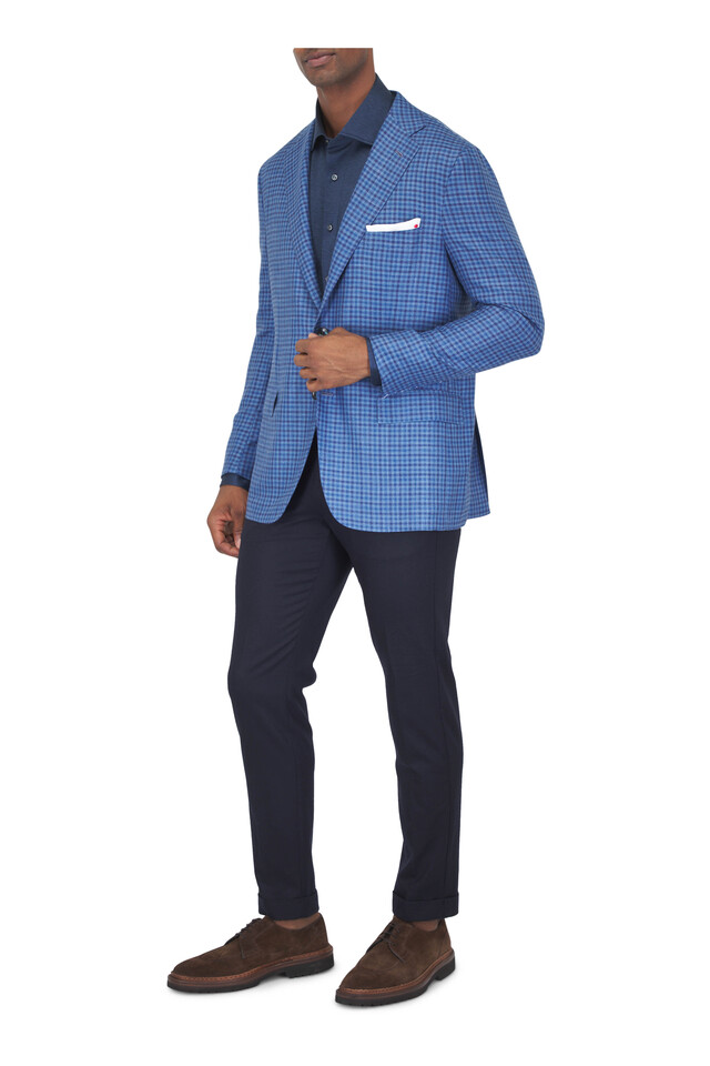Designer outfit featuring Manu Navy Blue Stretch Cashmere Pant, Panaro Mustang  Dark Brown Suede Dress Shoe and 1 other piece