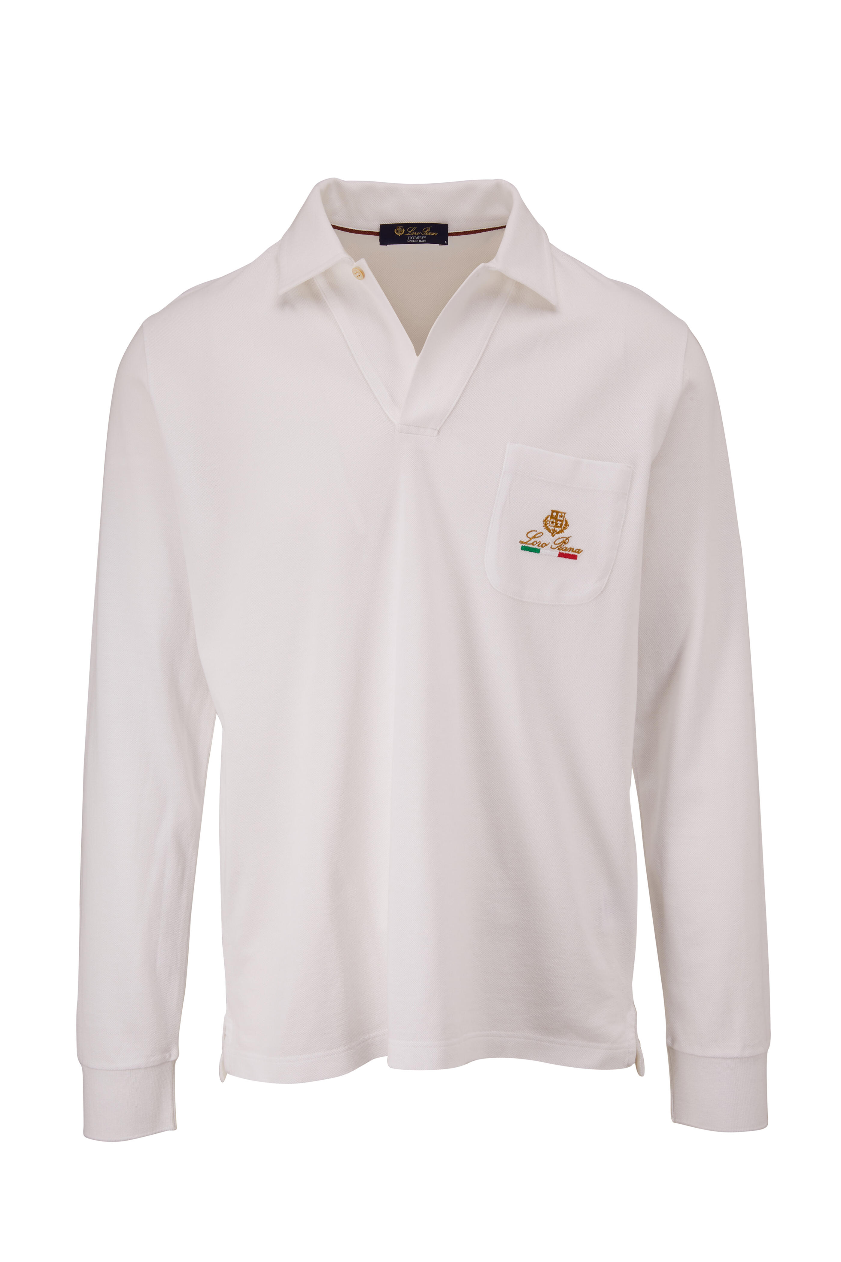 Loro Piana - White Piqué Long Sleeve Logo Polo | Mitchell Stores