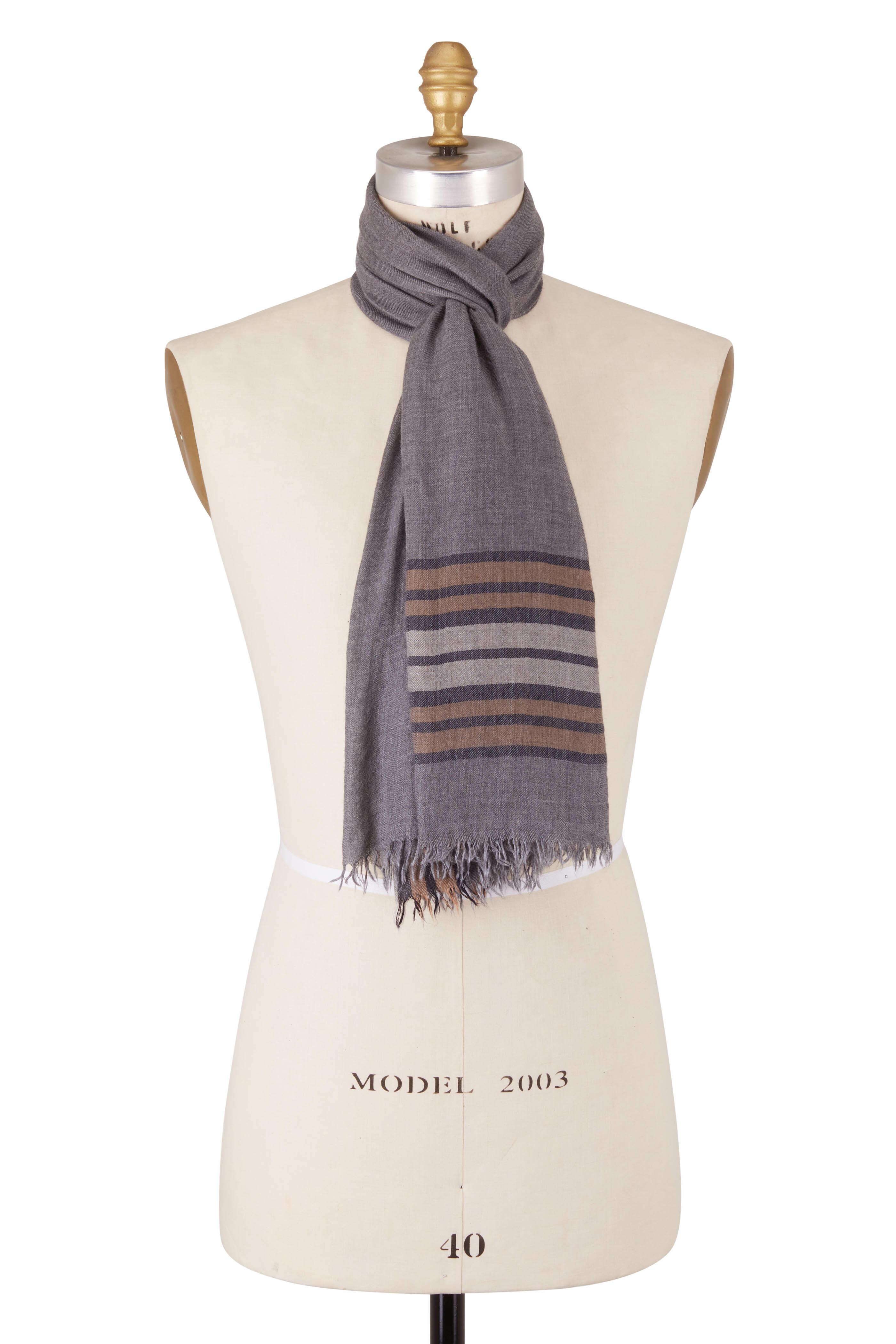Brunello Cucinelli striped fringed-edge silk scarf - Grey