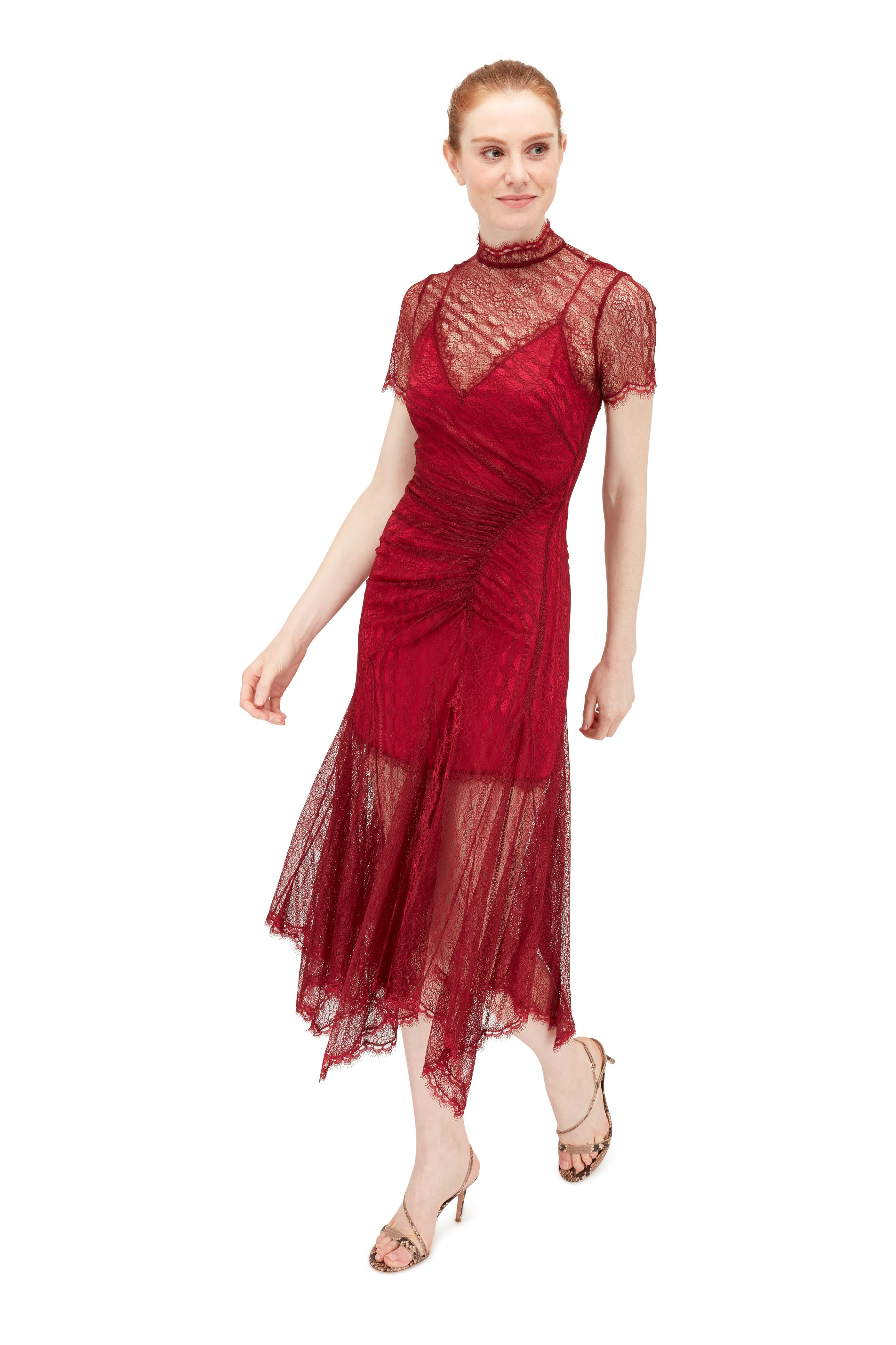 Jonathan Simkhai - Siren Red Satin Lace Short Sleeve Dress