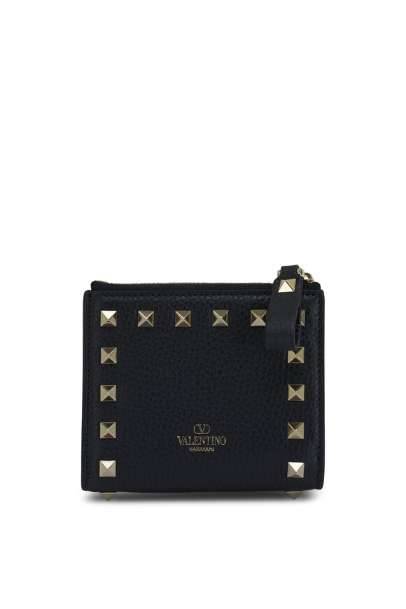 Valentino Garavani - Black Rockstud French Flap Leather Wallet 