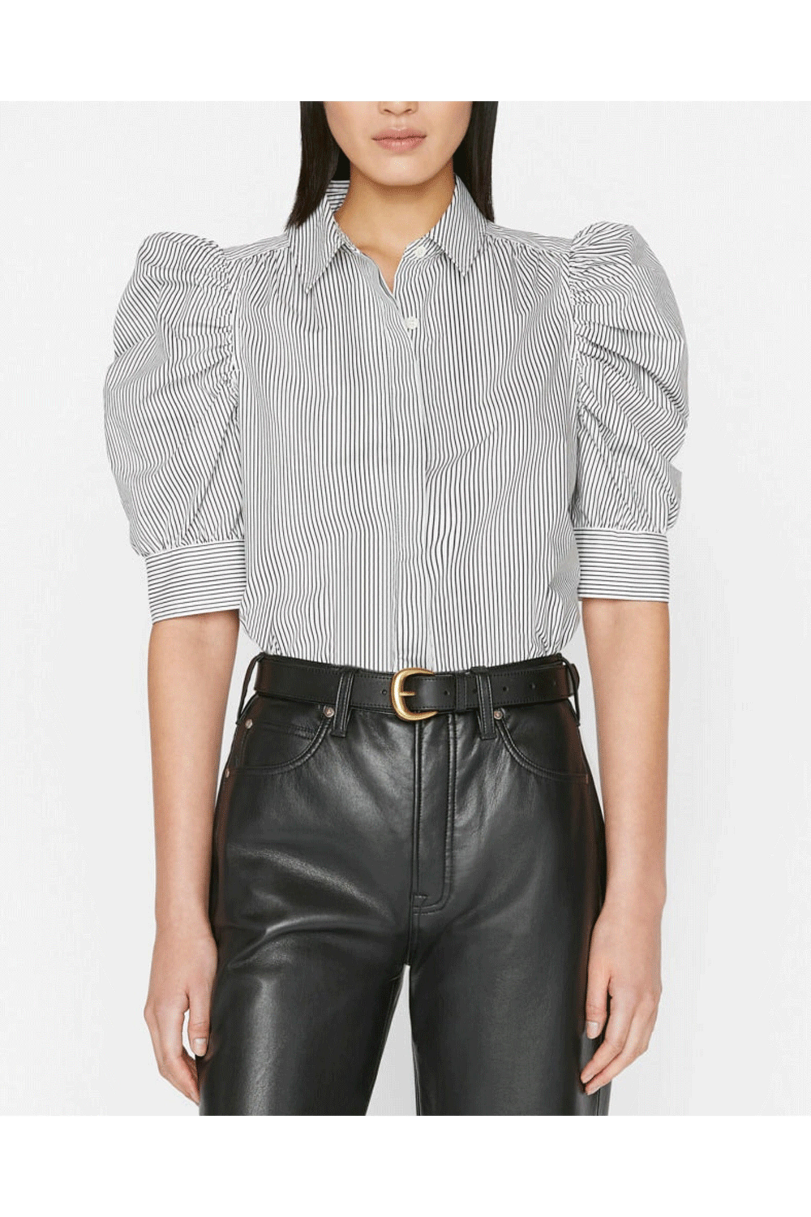 Frame - Noir Stripe Ruched Puff Sleeve Blouse