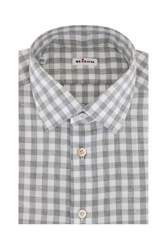 Kiton - Green & White Gingham Dress Shirt