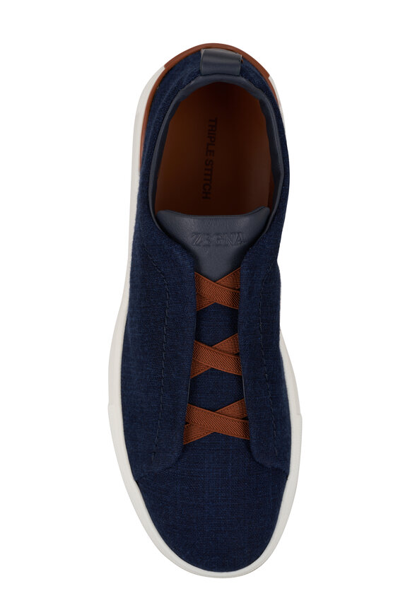 Zegna - Triple Stitch Navy Denim Low Top Sneaker 