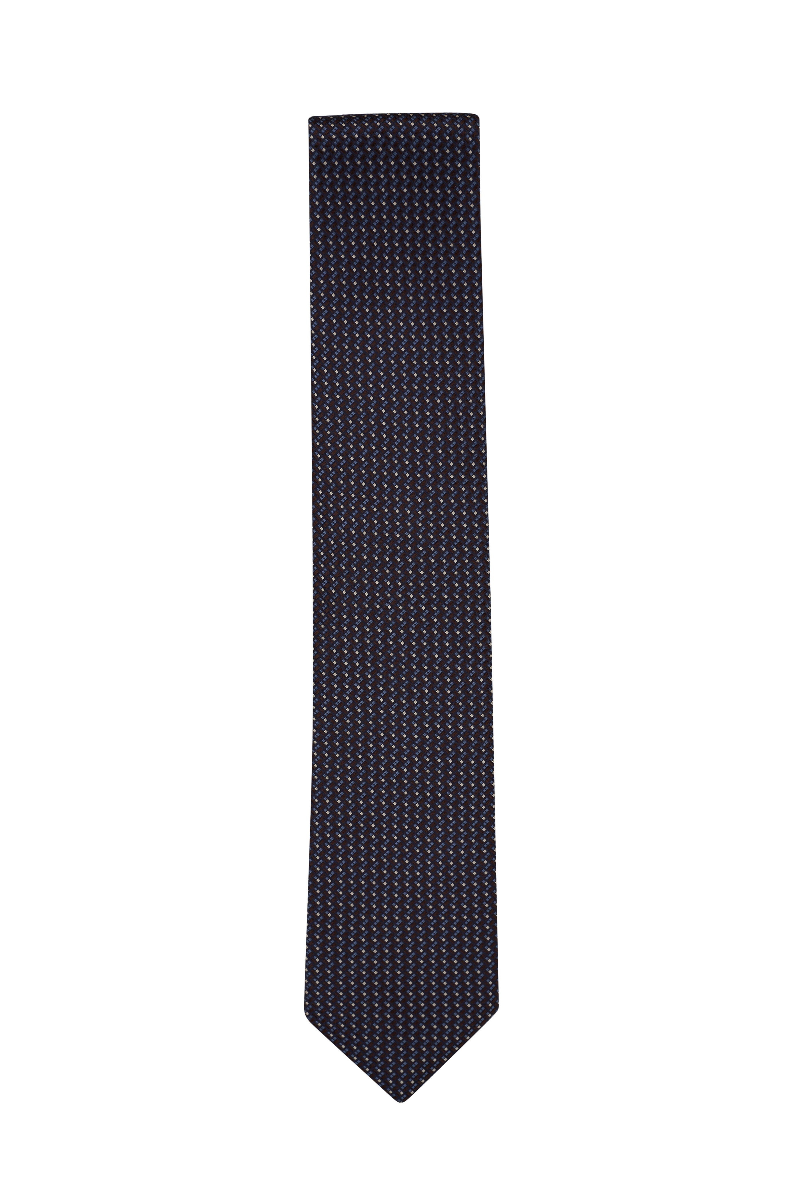 Brioni - Navy Geometric Print Silk Necktie | Mitchell Stores