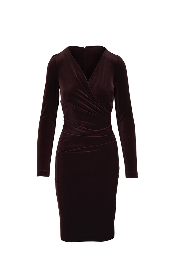 Talbot Runhof Chocolate Velvet Ruched Cocktail Mini Dress