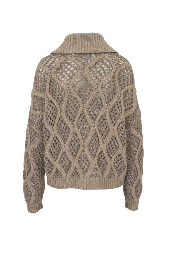 Brunello Cucinelli - Brown Cable Net Zip Up Paillette Cardigan 