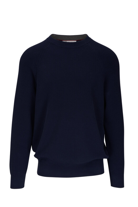 Brunello Cucinelli - Navy English Ribbed Knit Cotton Crewneck Sweater 