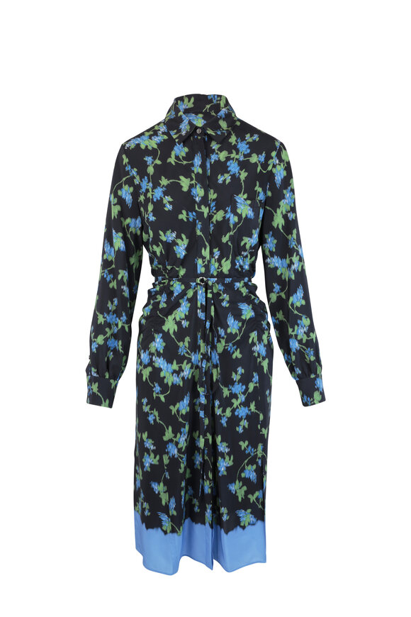 Altuzarra - Black & Blue Floral Silk Belted Shirtdress 