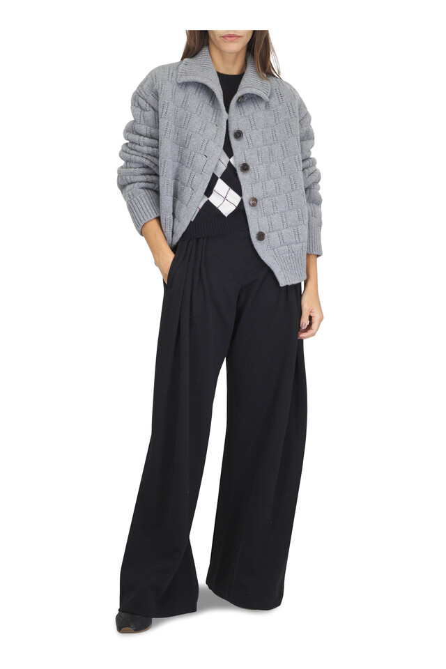 Designer outfit featuring Antoni Black, Gray & White Argyle Cashmere Sweater, Black Cotton Pleated Slouch Pant and 1 other piece
